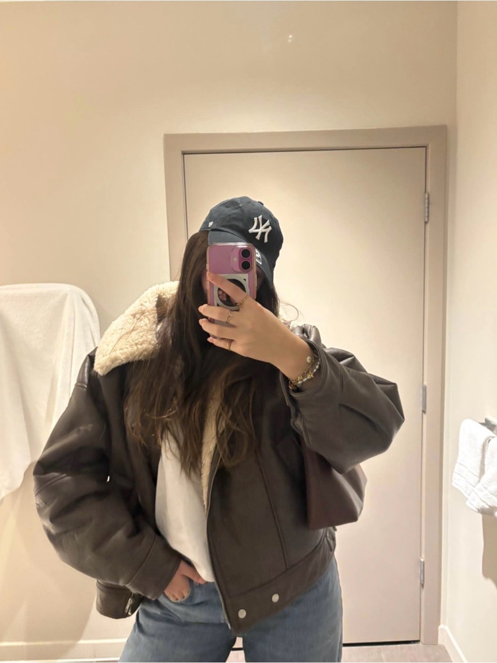 OAK + FORT Dark Brown Shearling-Trim Leather Aviator Jacket